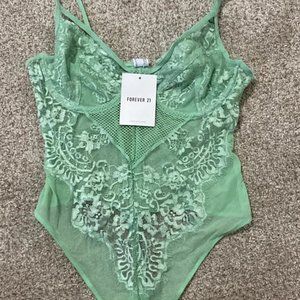 Forever 21 lace sheer mesh corset mint green teddy bodysuit